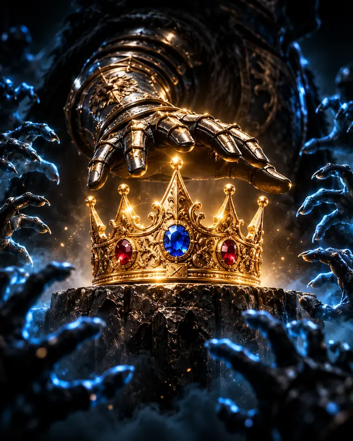 An armoured gauntlet guards the crown from grasping rivals