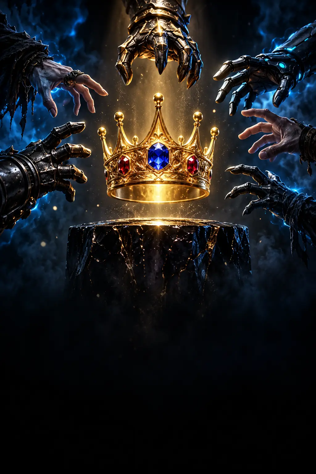 A gold crown on a black stone plinth, rival hands reaching for it out of the dark