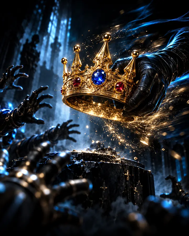 A gloved hand snatches the crown away